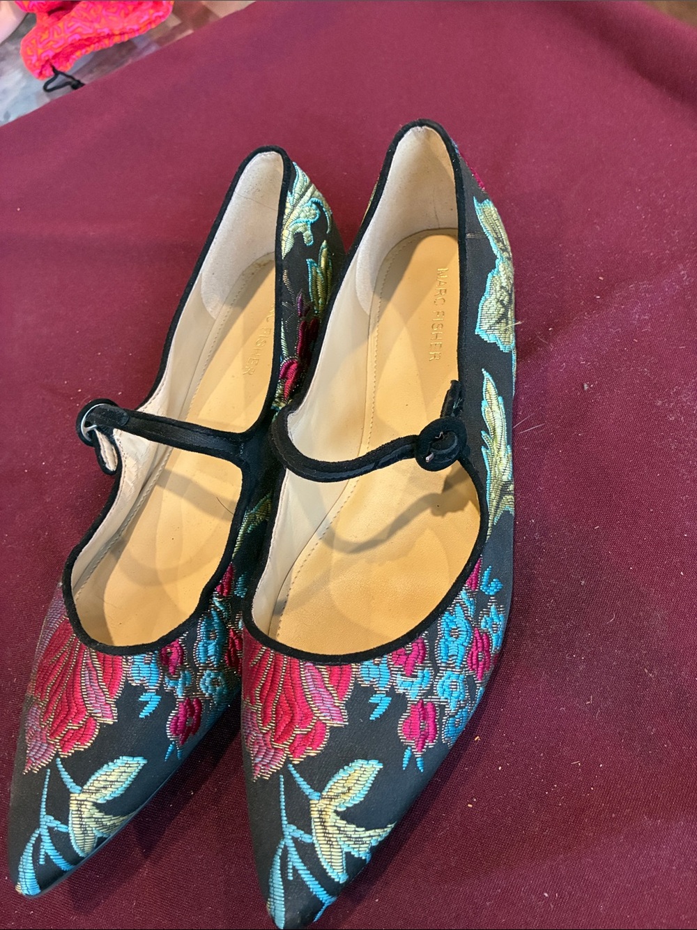 Marc Fisher Floral Pointed Mary Jane Flats - Black with Multicolor Floral